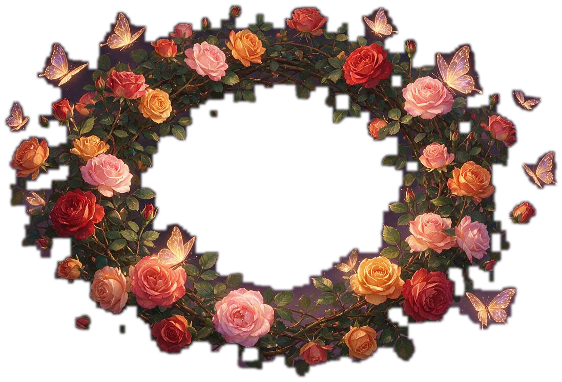 A wreath of roses in every stage of bloom, from small buds to full flowers, surrounded by glowing butterflies
